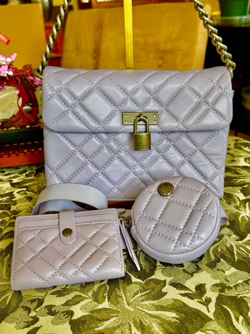 Kurt Geiger Quilted Lavender Shoulder Bag Set with Coin Case and Card Wallet EUC